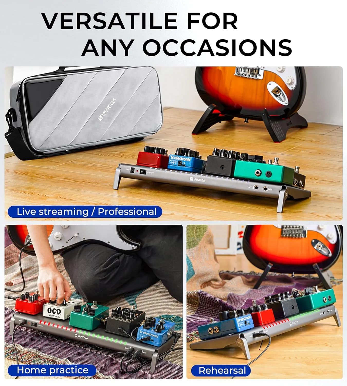 Vangoa Guitar Pedal Board with Built-in Isolated Power Supply, VPPD-S Aluminum Small Portable Folding Powered Guitar Pedalboard with Carry Bag, 2.8lb, Gray
