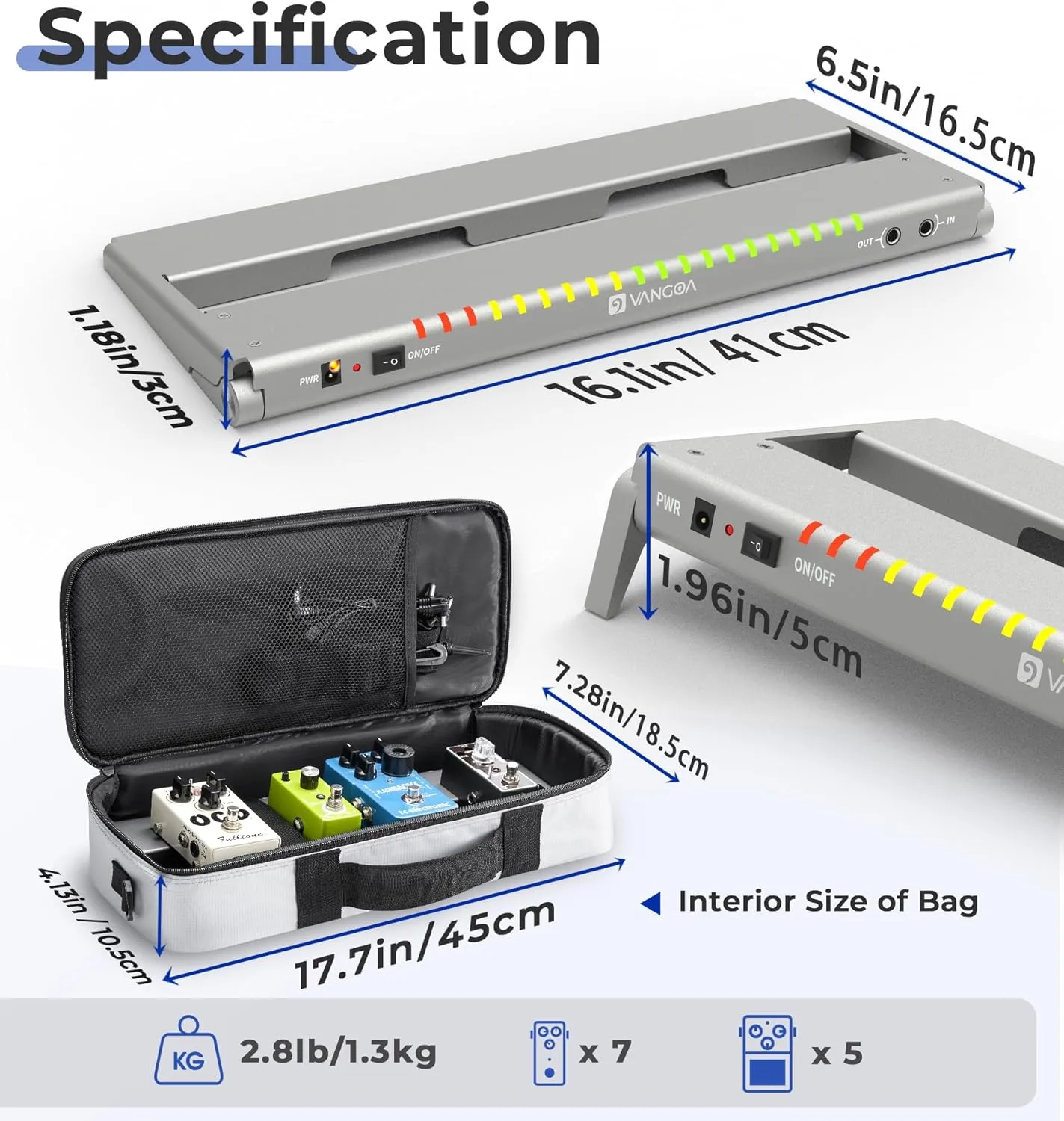 Vangoa Guitar Pedal Board with Built-in Isolated Power Supply, VPPD-S Aluminum Small Portable Folding Powered Guitar Pedalboard with Carry Bag, 2.8lb, Gray