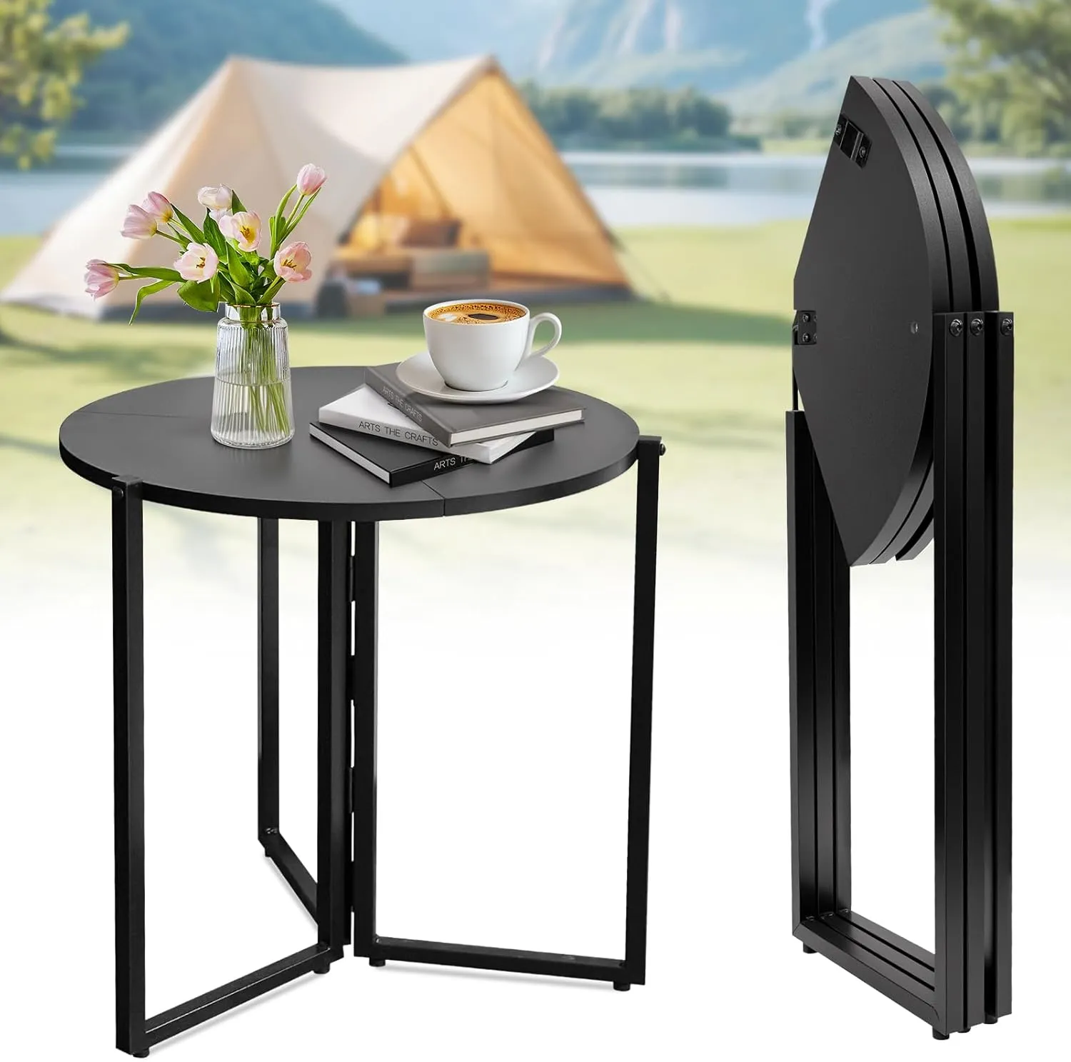 VAXMAY Small Round Table, Easy Fordable and Portable Patio Side Table,19 Inch Round Table, Anti-Rust Waterpoof Metal Small Dining Table for Patio, Outside, Camping, Balcony(Black)