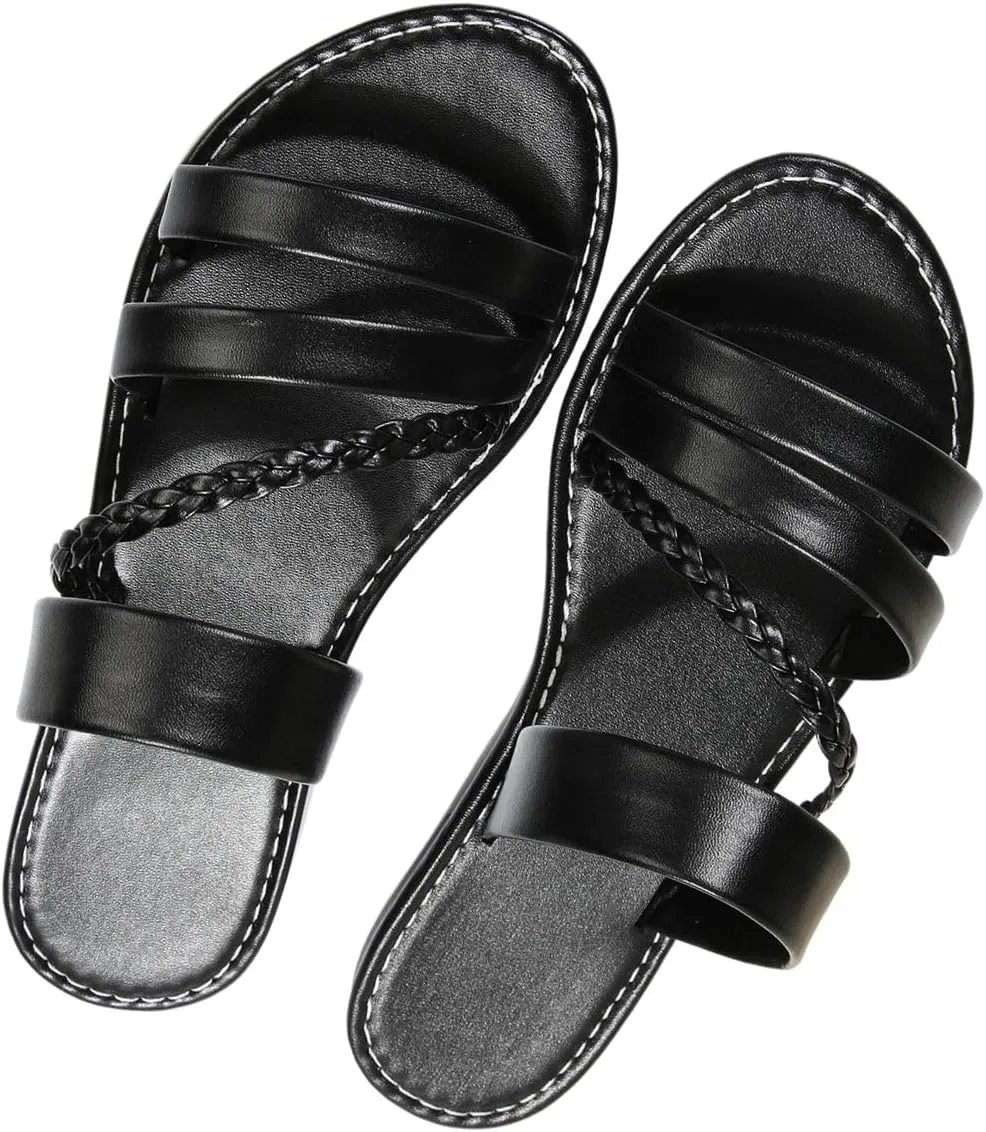 Verdusa Women's Braided Strappy Flat Sandals Summer Slides Open Toe Beach Shoes