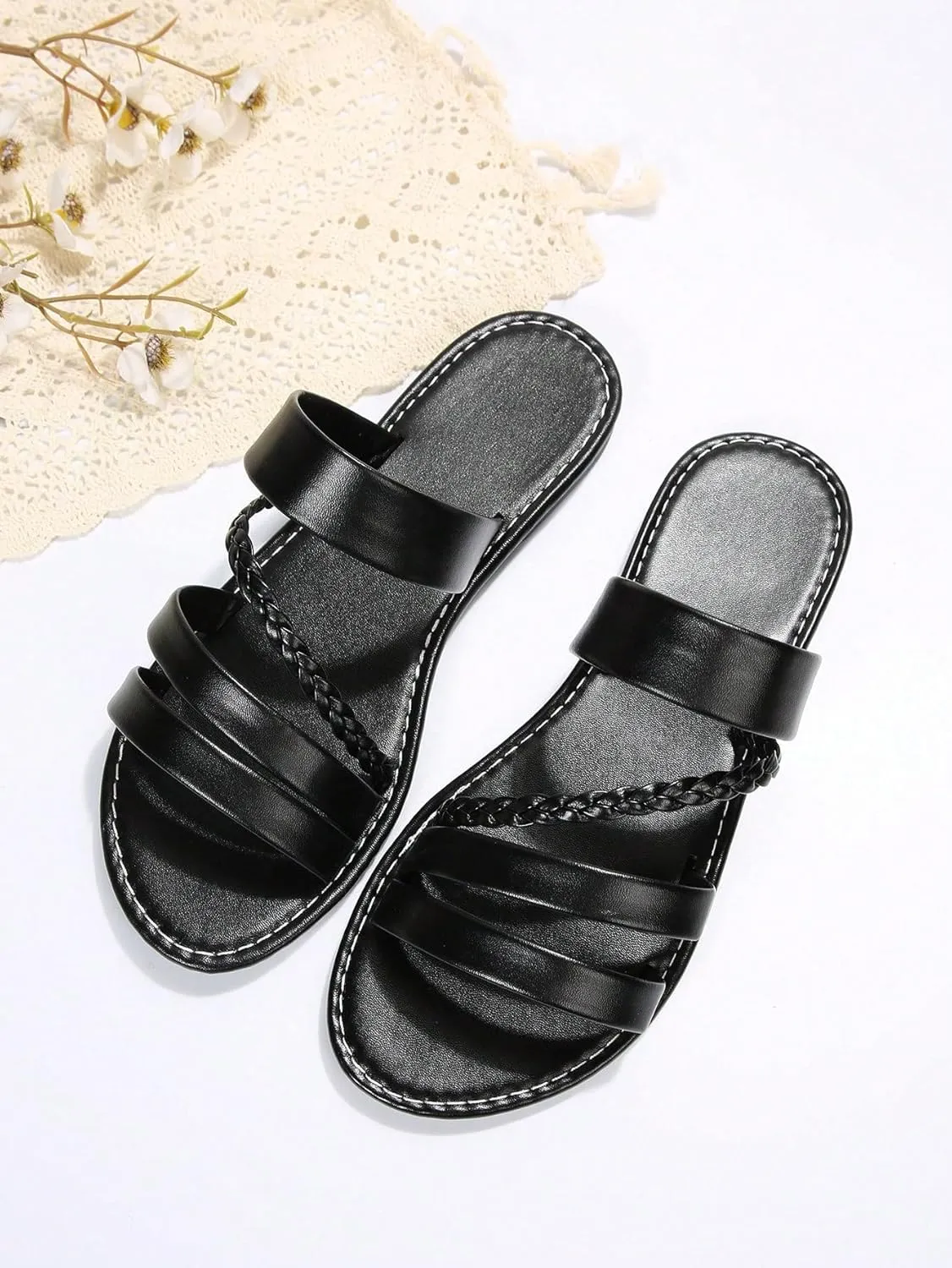 Verdusa Women's Braided Strappy Flat Sandals Summer Slides Open Toe Beach Shoes