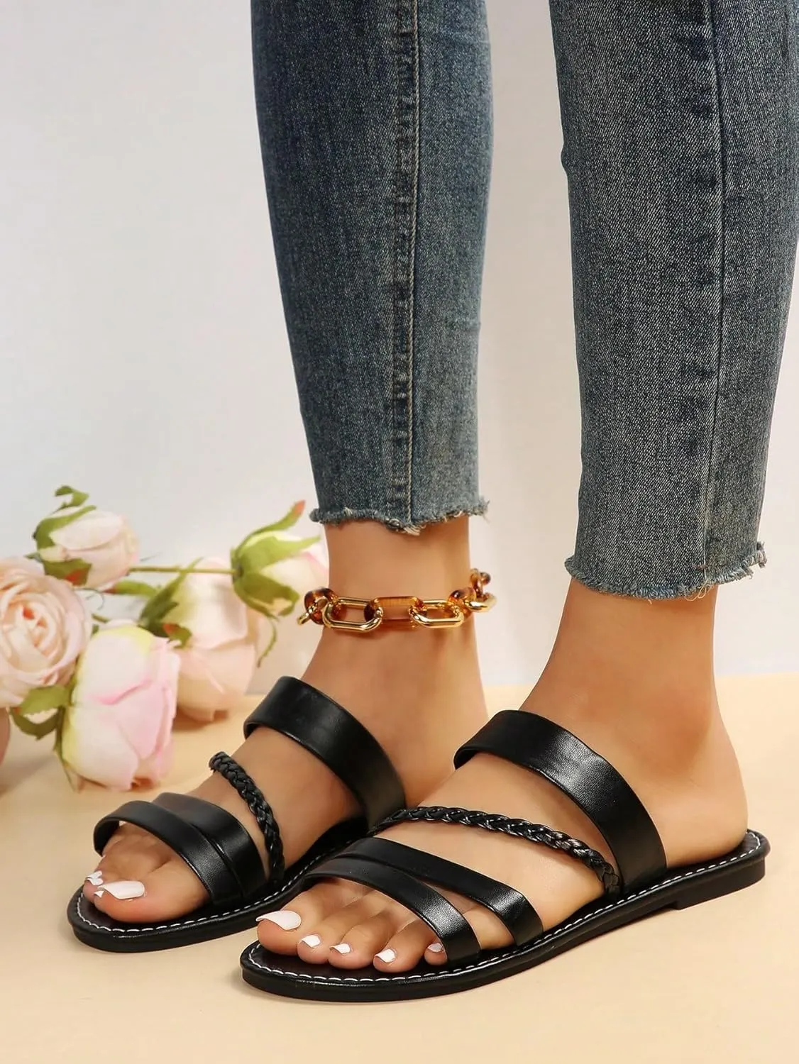 Verdusa Women's Braided Strappy Flat Sandals Summer Slides Open Toe Beach Shoes
