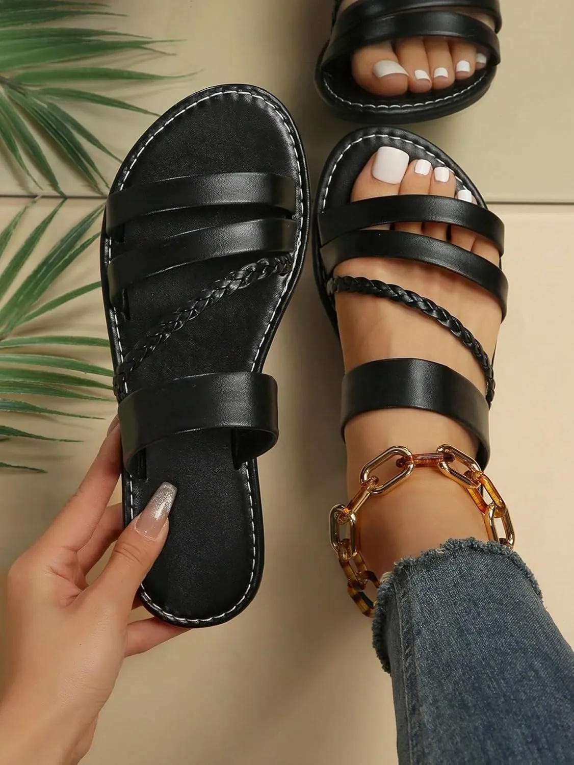 Verdusa Women's Braided Strappy Flat Sandals Summer Slides Open Toe Beach Shoes