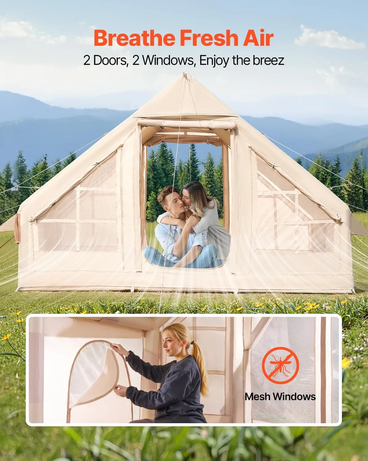 VEVOR Inflatable Tents for Camping, Easy Setup Blow up Tent with Hand Pump, 4 Season Glamping Tent with Stove Jack, Doors & Mesh Windows, Storage Bag Included for Easy Taking