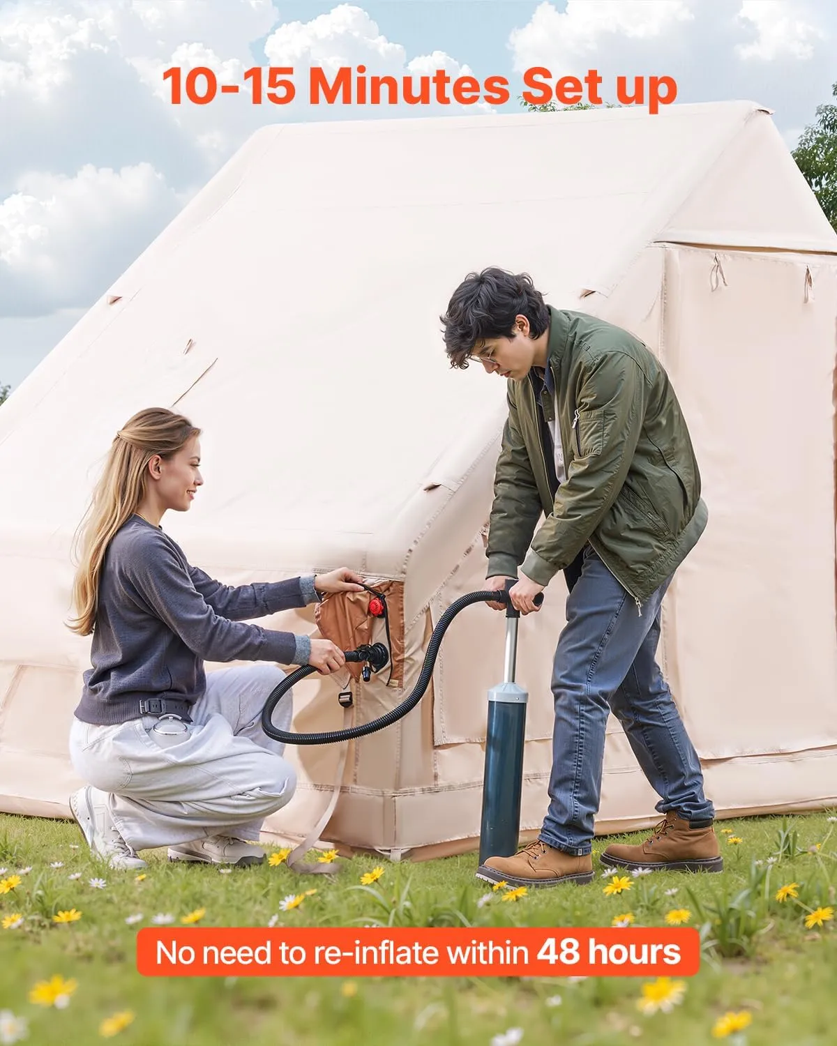 VEVOR Inflatable Tents for Camping, Easy Setup Blow up Tent with Hand Pump, 4 Season Glamping Tent with Stove Jack, Doors & Mesh Windows, Storage Bag Included for Easy Taking