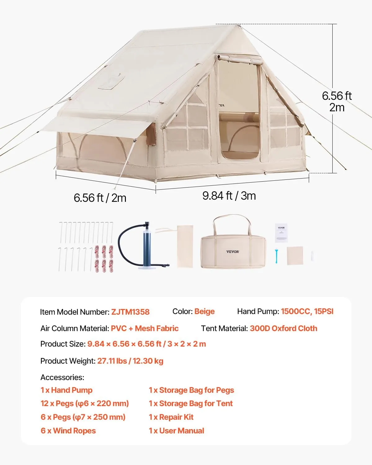 VEVOR Inflatable Tents for Camping, Easy Setup Blow up Tent with Hand Pump, 4 Season Glamping Tent with Stove Jack, Doors & Mesh Windows, Storage Bag Included for Easy Taking
