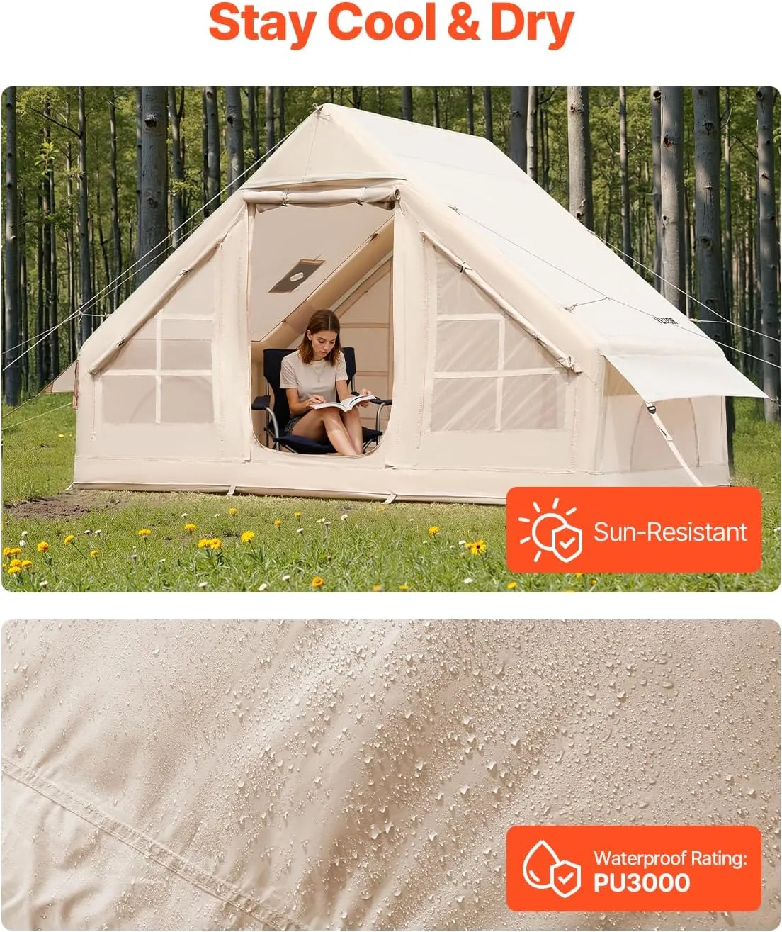 VEVOR Inflatable Tents for Camping, Easy Setup Blow up Tent with Hand Pump, 4 Season Glamping Tent with Stove Jack, Doors & Mesh Windows, Storage Bag Included for Easy Taking