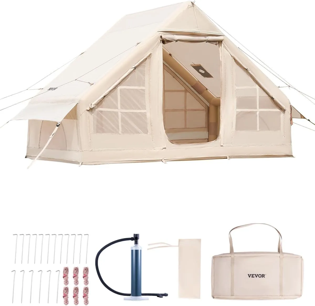 VEVOR Inflatable Tents for Camping, Easy Setup Blow up Tent with Hand Pump, 4 Season Glamping Tent with Stove Jack, Doors & Mesh Windows, Storage Bag Included for Easy Taking