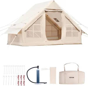 VEVOR Inflatable Tents for Camping, Easy Setup Blow up Tent with Hand Pump, 4 Season Glamping Tent with Stove Jack, Doors & Mesh Windows, Storage Bag Included for Easy Taking