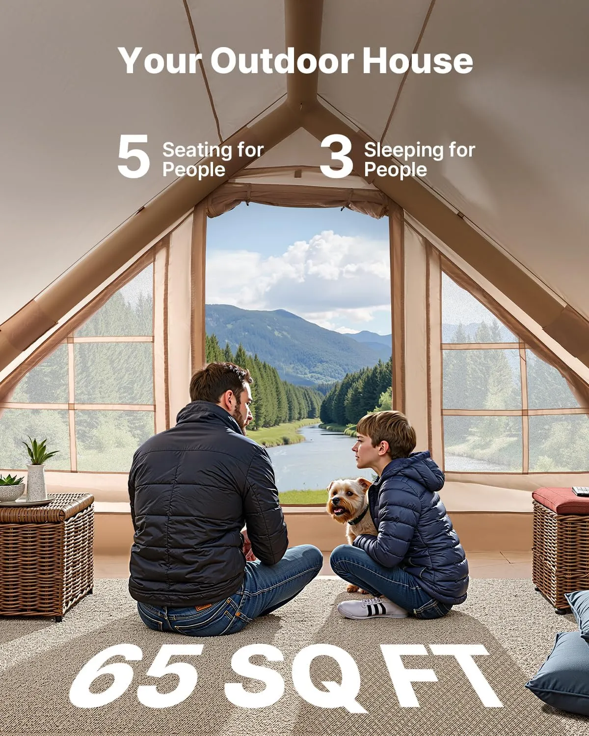 VEVOR Inflatable Tents for Camping, Easy Setup Blow up Tent with Hand Pump, 4 Season Glamping Tent with Stove Jack, Doors & Mesh Windows, Storage Bag Included for Easy Taking