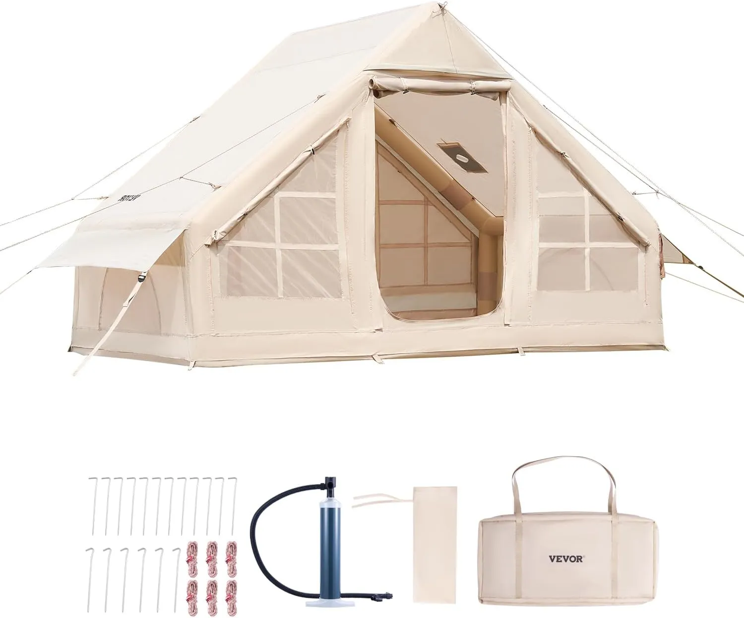 VEVOR Inflatable Tents for Camping, Easy Setup Blow up Tent with Hand Pump, 4 Season Glamping Tent with Stove Jack, Doors & Mesh Windows, Storage Bag Included for Easy Taking