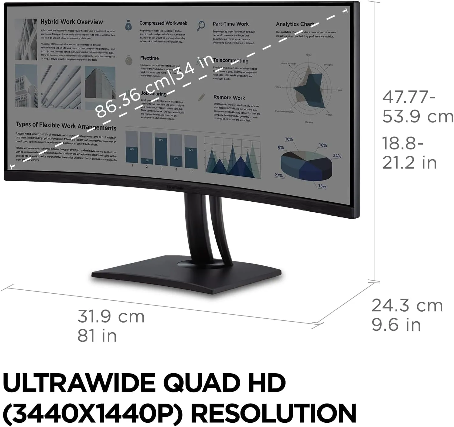ViewSonic VP3456A 34 Inch Ultrawide QHD 1440p Curved Monitor with 100W USB C, Ethernet RJ45, FreeSync, USB Hub, 100% sRGB, 14-bit 3D LUT