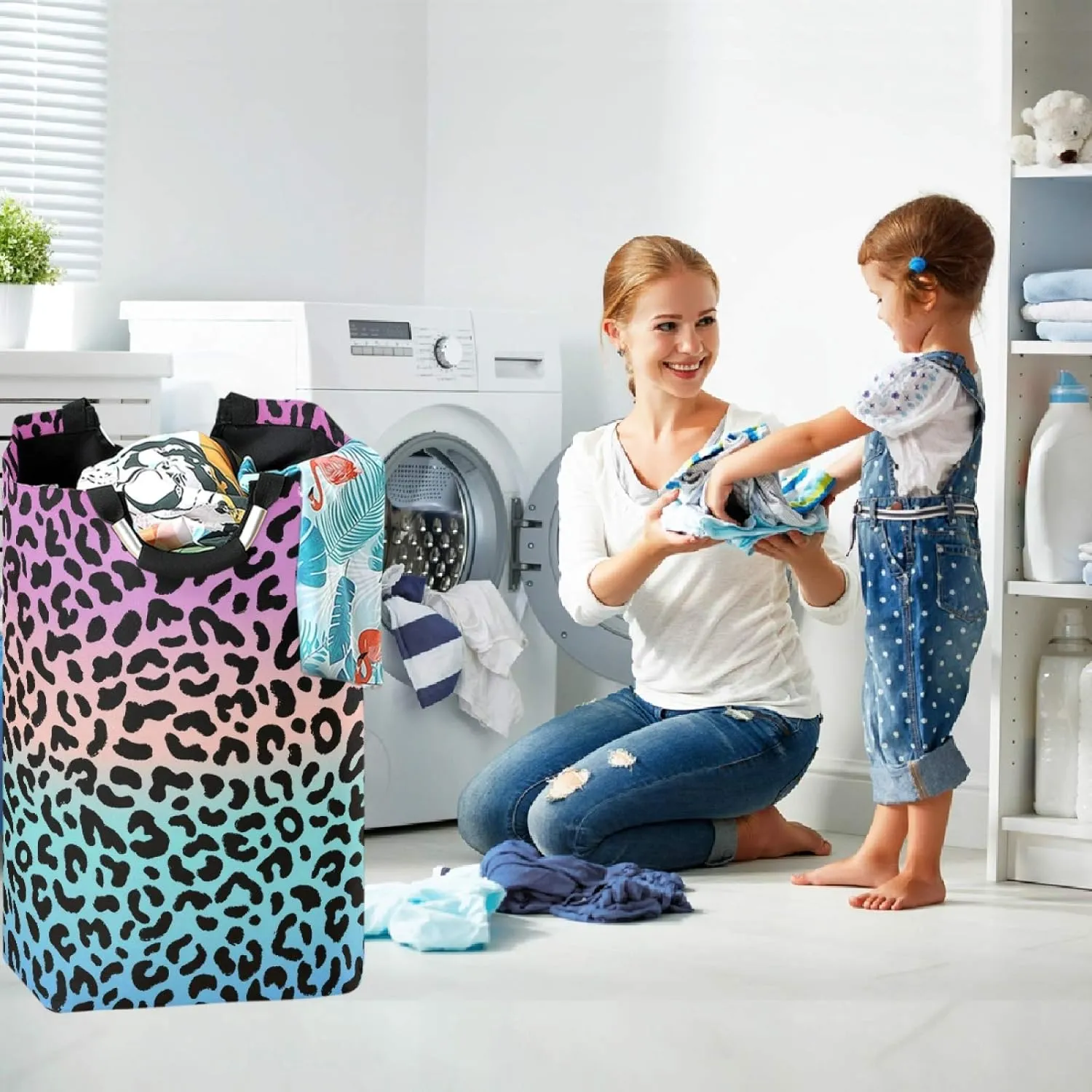 visesunny Blue and Purple Leopard Grain Large Laundry Hamper with Handle Foldable Durable Clothes Hamper Laundry Bag Toy Bin for Bathroom, Bedroom, Dorm, Travel
