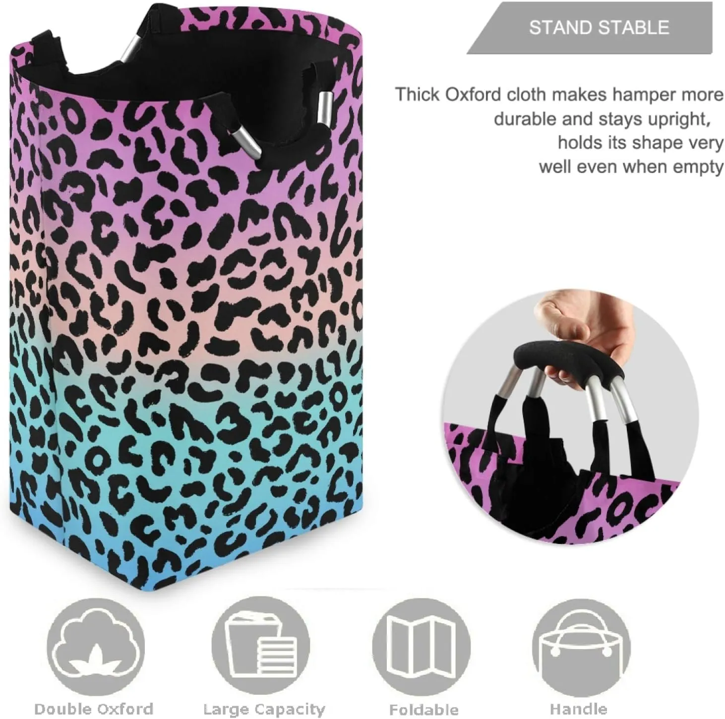 visesunny Blue and Purple Leopard Grain Large Laundry Hamper with Handle Foldable Durable Clothes Hamper Laundry Bag Toy Bin for Bathroom, Bedroom, Dorm, Travel
