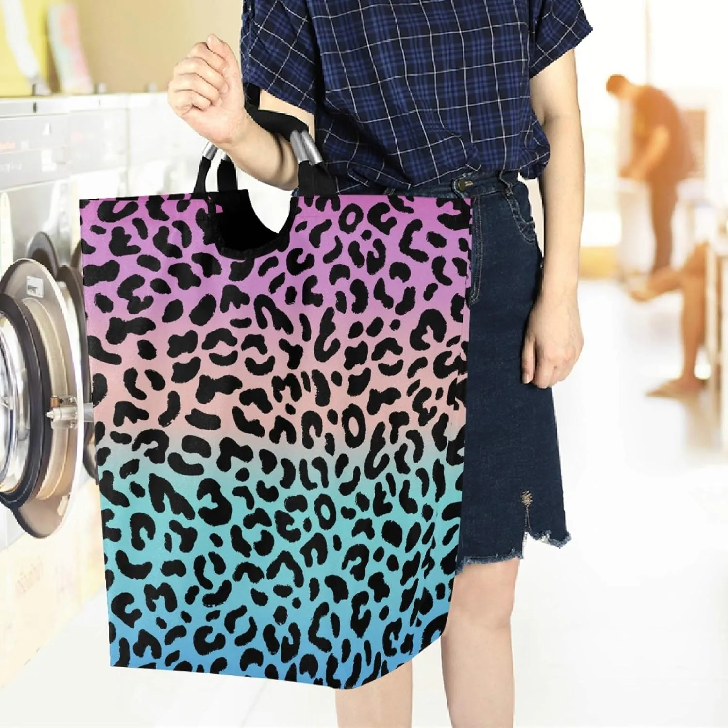 visesunny Blue and Purple Leopard Grain Large Laundry Hamper with Handle Foldable Durable Clothes Hamper Laundry Bag Toy Bin for Bathroom, Bedroom, Dorm, Travel