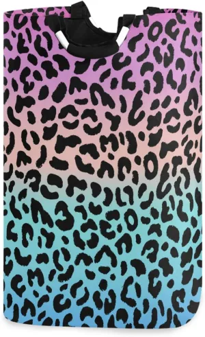 visesunny Blue and Purple Leopard Grain Large Laundry Hamper with Handle Foldable Durable Clothes Hamper Laundry Bag Toy Bin for Bathroom, Bedroom, Dorm, Travel