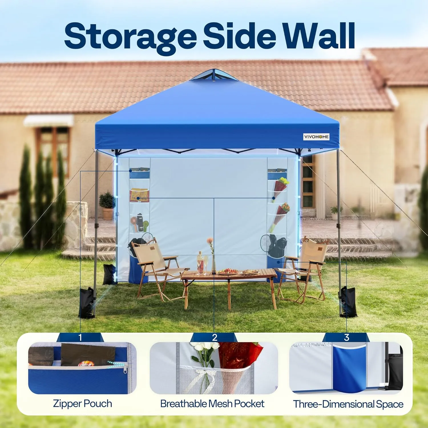 VIVOHOME 8x8ft Pop Up Canopy Tent with Sidewall and 6 Pockets, One Push Setup Outdoor Portable Shelter Tent Heavy Duty with Wheel Carry Bag and 4 Sandbags, Blue