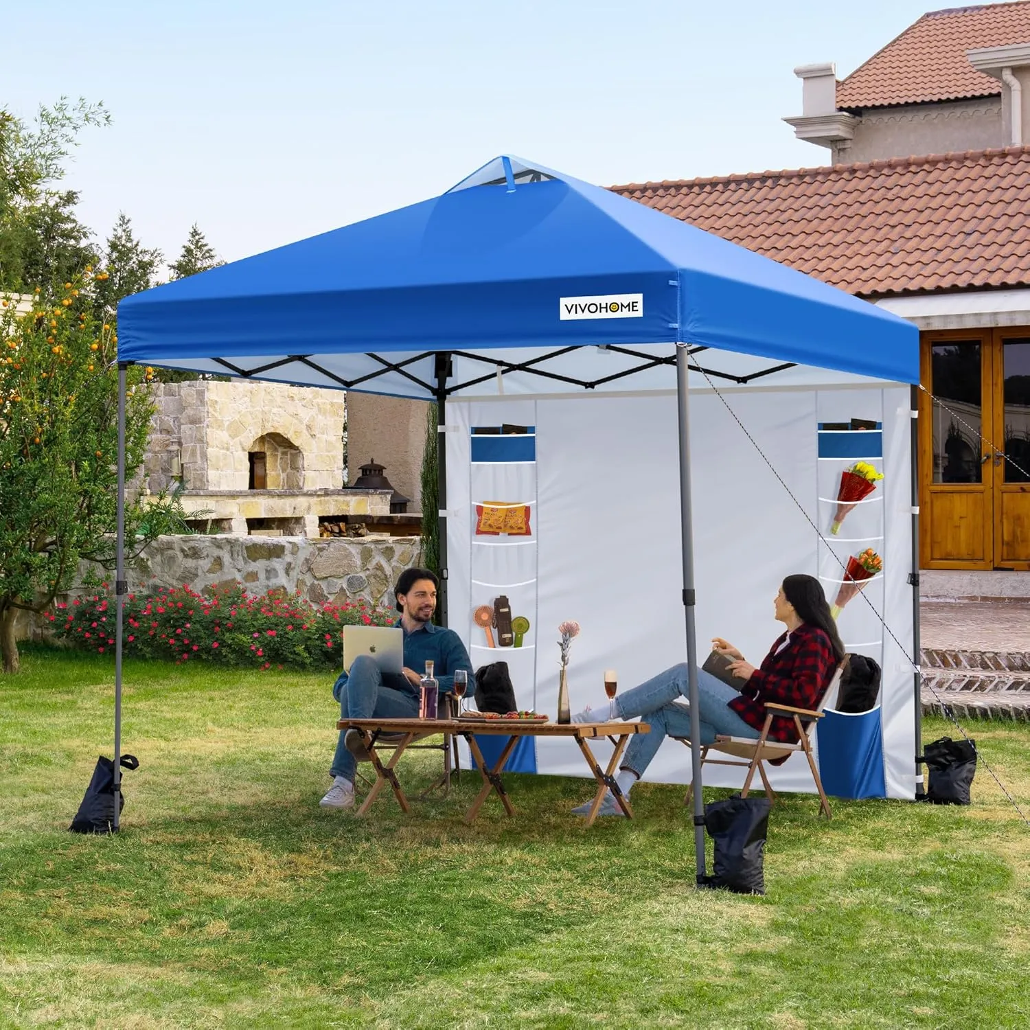 VIVOHOME 8x8ft Pop Up Canopy Tent with Sidewall and 6 Pockets, One Push Setup Outdoor Portable Shelter Tent Heavy Duty with Wheel Carry Bag and 4 Sandbags, Blue
