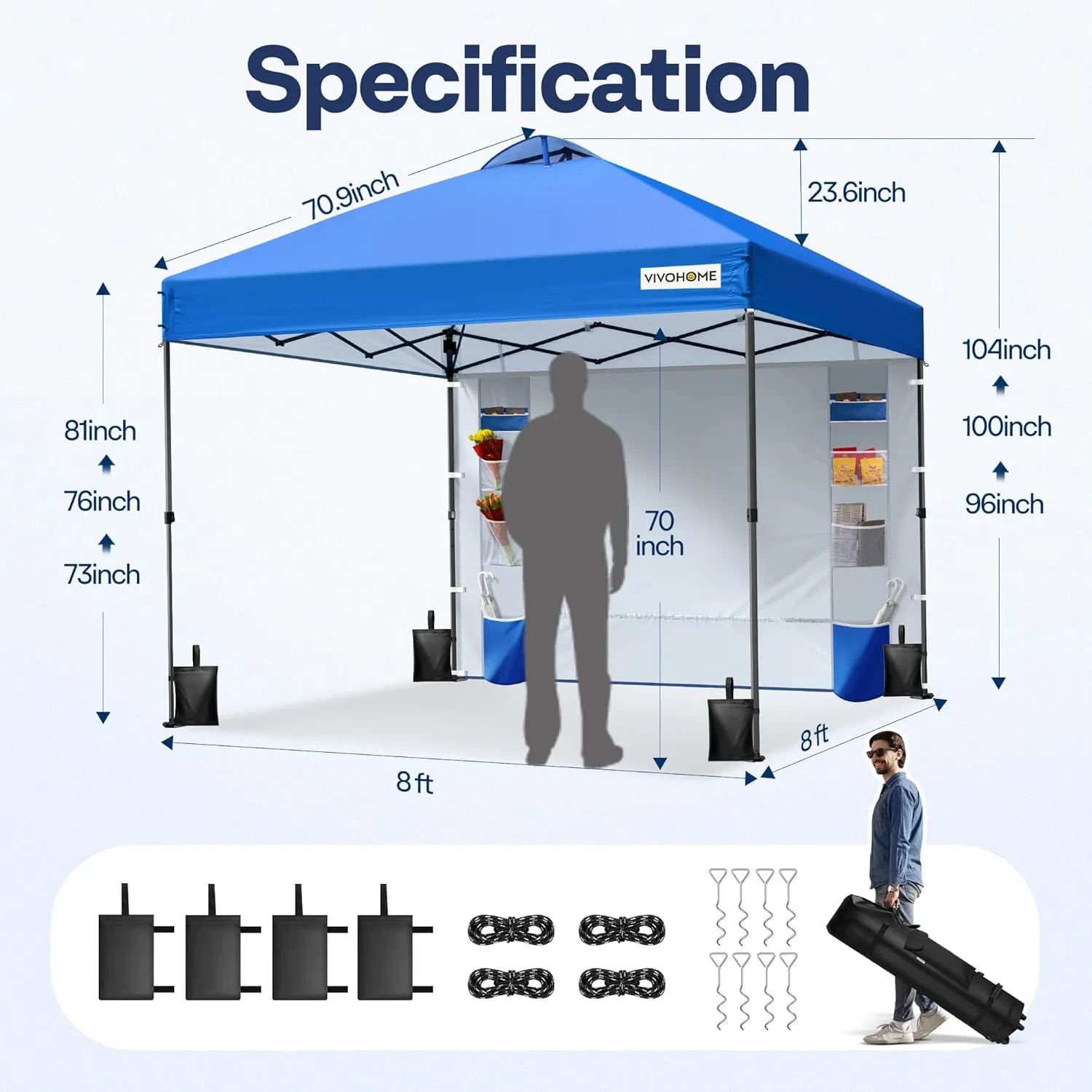 VIVOHOME 8x8ft Pop Up Canopy Tent with Sidewall and 6 Pockets, One Push Setup Outdoor Portable Shelter Tent Heavy Duty with Wheel Carry Bag and 4 Sandbags, Blue