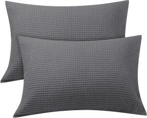 Waffle Weave Pillowcases King Size 2 Pack, 100% Egyptian Cotton 600 Thread Count, Ultra Soft Pillow Shams with Envelope Closure, Breathable Skin-Friendly Pillow Case, Dark Grey, 20x36 Inches