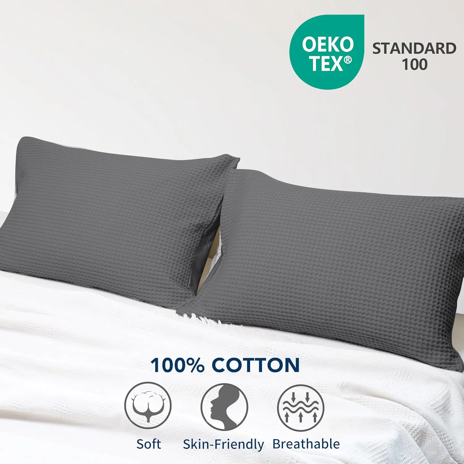 Waffle Weave Pillowcases King Size 2 Pack, 100% Egyptian Cotton 600 Thread Count, Ultra Soft Pillow Shams with Envelope Closure, Breathable Skin-Friendly Pillow Case, Dark Grey, 20x36 Inches