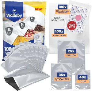 Wallaby 100ct Multi-Size Mylar Bags, 400cc Oxygen Absorbers, 10 Mil Thick, 1-Gal 10x14, 1-Qt 8x12, 1/2-Pt 6x8, Heat-Sealable, Airtight, Flat, Silver, for Long-Term Food Storage.