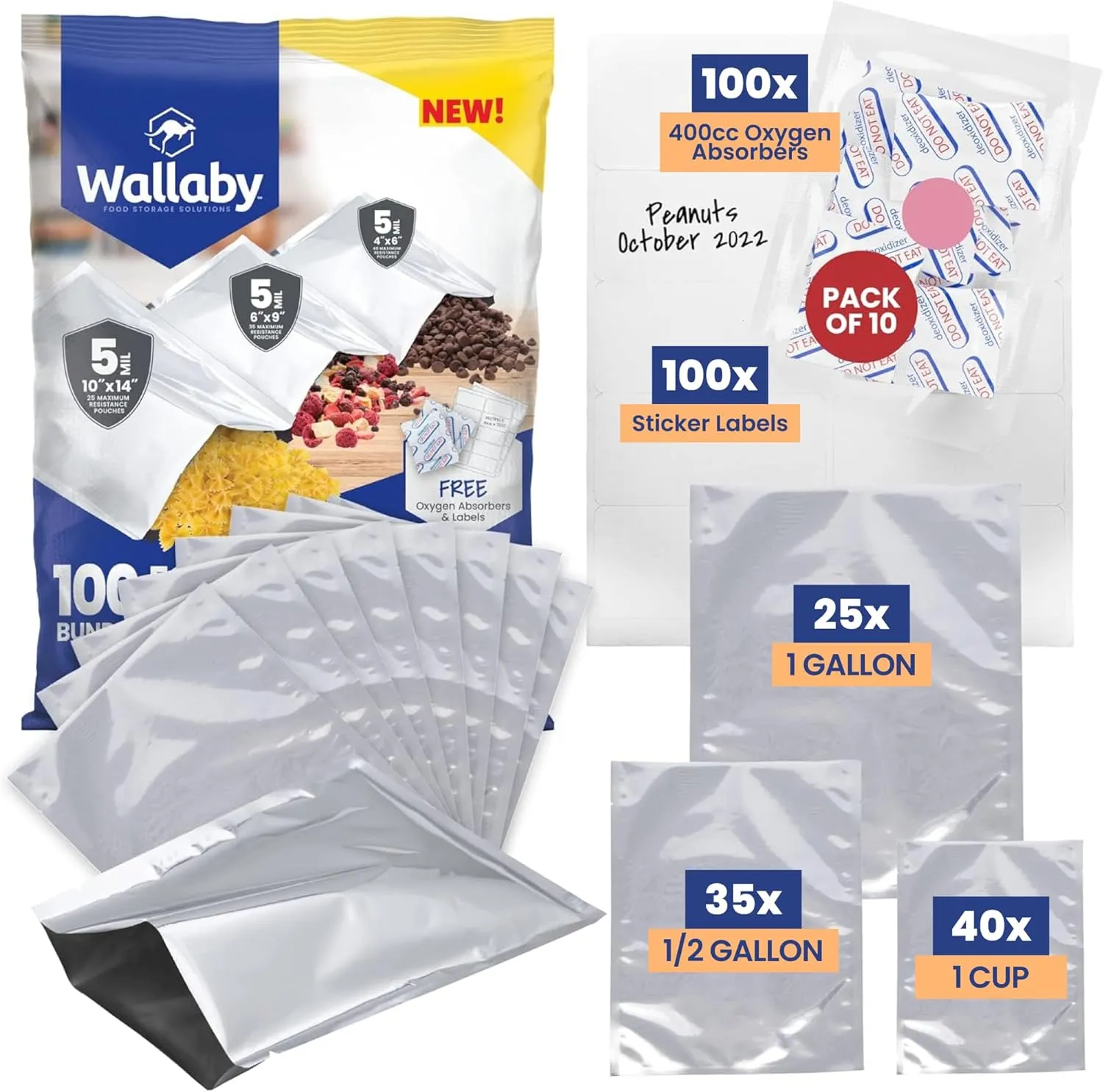 Wallaby 100ct Multi-Size Mylar Bags, 400cc Oxygen Absorbers, 10 Mil Thick, 1-Gal 10x14, 1-Qt 8x12, 1/2-Pt 6x8, Heat-Sealable, Airtight, Flat, Silver, for Long-Term Food Storage.