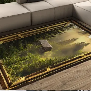 Warm Forest Sunrise Rugs Green Forest Sunlight and Mist 3D Window View Floor Mat Thin Carpet for Living Room Bedroom Kitchen 4'x5'