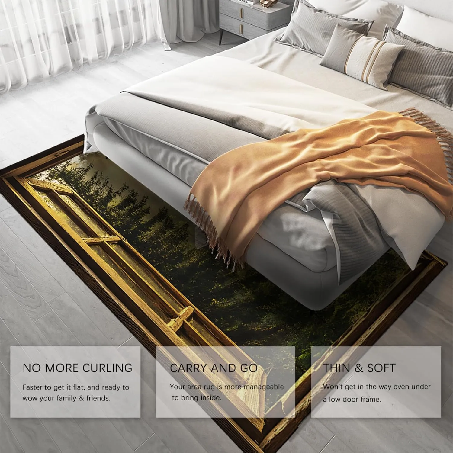 Warm Forest Sunrise Rugs Green Forest Sunlight and Mist 3D Window View Floor Mat Thin Carpet for Living Room Bedroom Kitchen 4'x5'