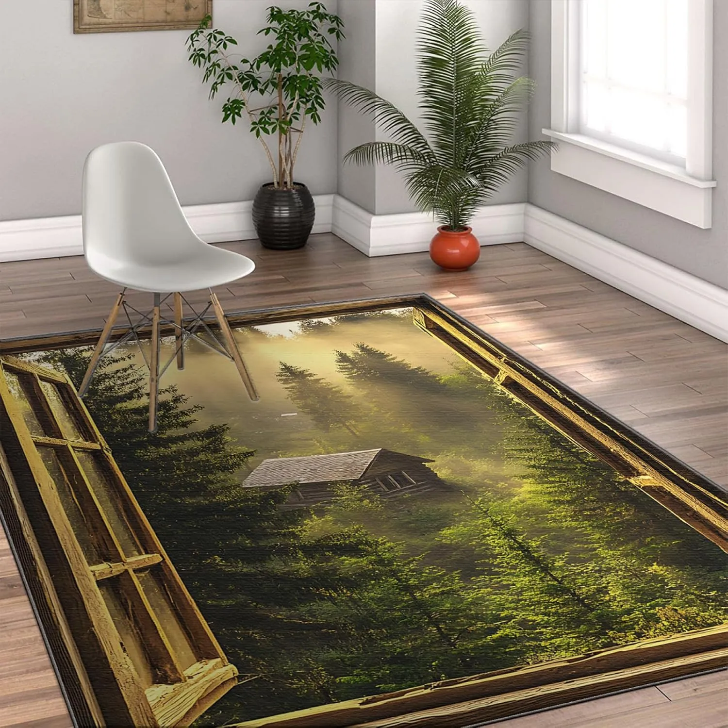 Warm Forest Sunrise Rugs Green Forest Sunlight and Mist 3D Window View Floor Mat Thin Carpet for Living Room Bedroom Kitchen 4'x5'