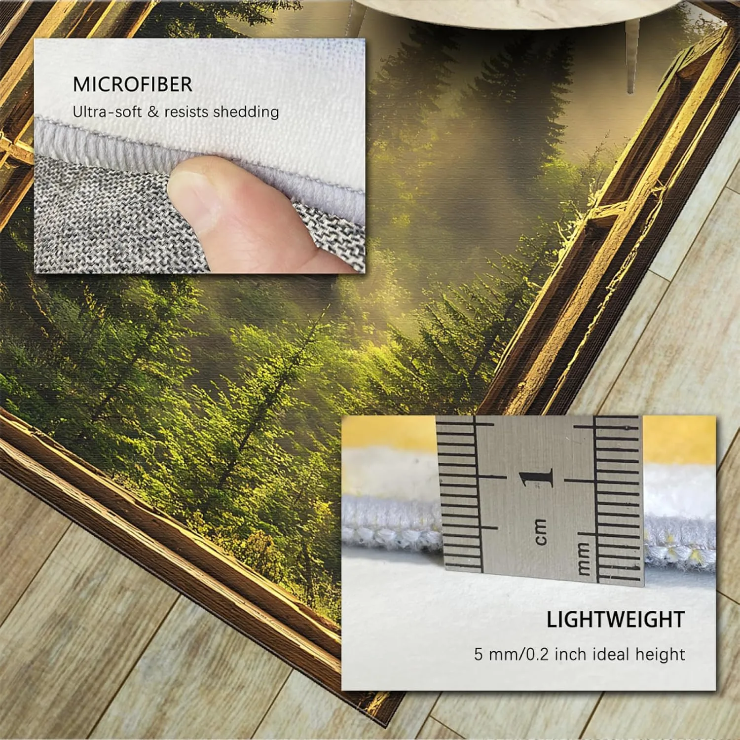 Warm Forest Sunrise Rugs Green Forest Sunlight and Mist 3D Window View Floor Mat Thin Carpet for Living Room Bedroom Kitchen 4'x5'