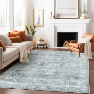 Washable Rugs 8X10 Area Rugs for Living Room, Thin Indoor Chenille Low Pile Rug for Bedroom Rug, Vintage Boho Lightweight Carpet for Dining Room Kitchen Office Floor, Blue Gray