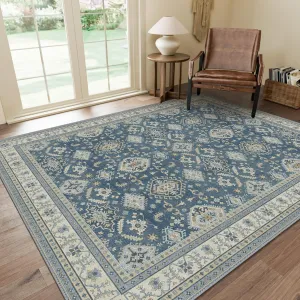 Washable Rugs 8X10 Area Rugs for Living Room, Thin Indoor Chenille Low Pile Rug for Bedroom Rug, Vintage Boho Lightweight Carpet for Dining Room Kitchen Office Floor, Blue
