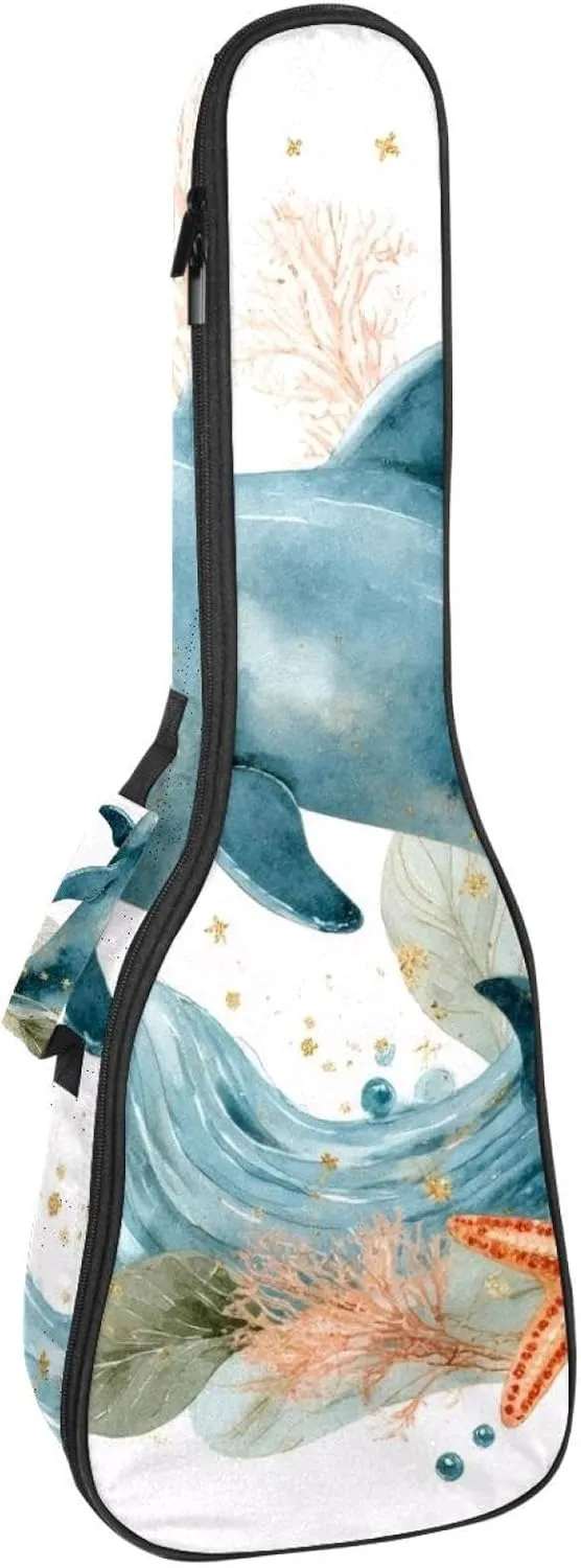 Waterproof Ukulele Case Bag, Durable 23" Ukulele Gig Bag with Storage and Handle - Dolphin Sea Blue Algae with Leaves Bubbles and Starfish