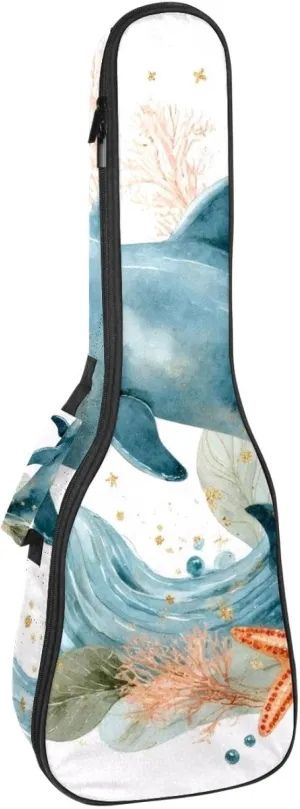 Waterproof Ukulele Case Bag, Durable 23" Ukulele Gig Bag with Storage and Handle - Dolphin Sea Blue Algae with Leaves Bubbles and Starfish