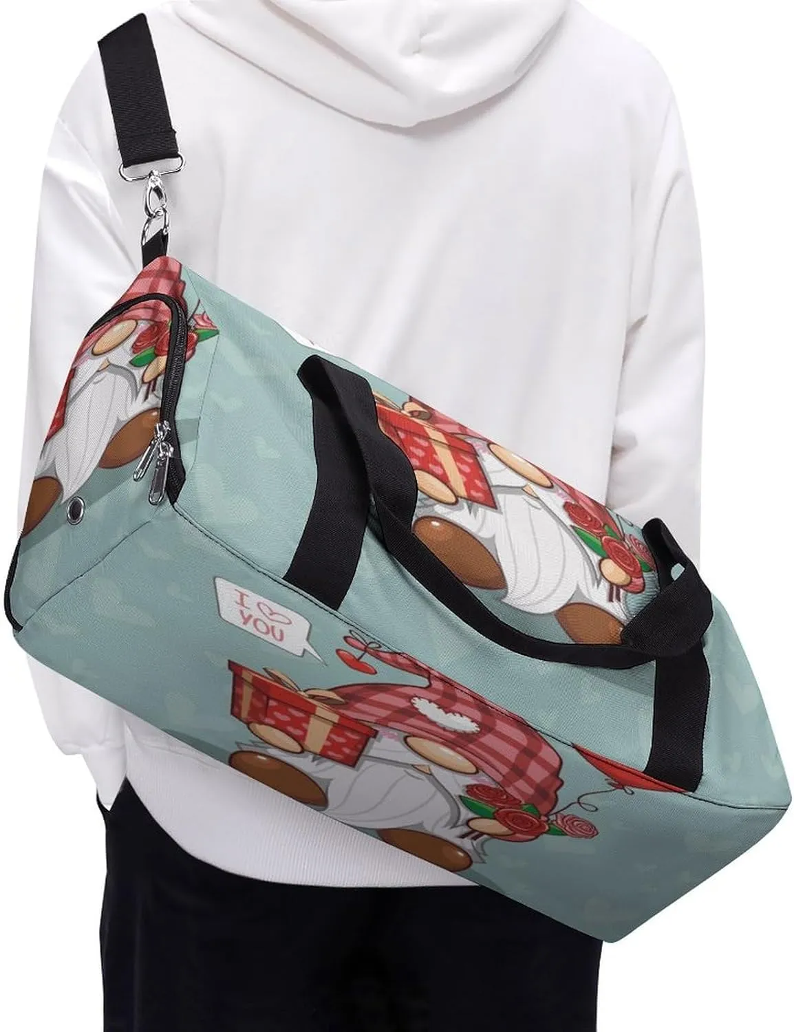 Waterproof Valentine Cute Gnome Travel Duffel Bag with Shoe Compartment Gym Weekender