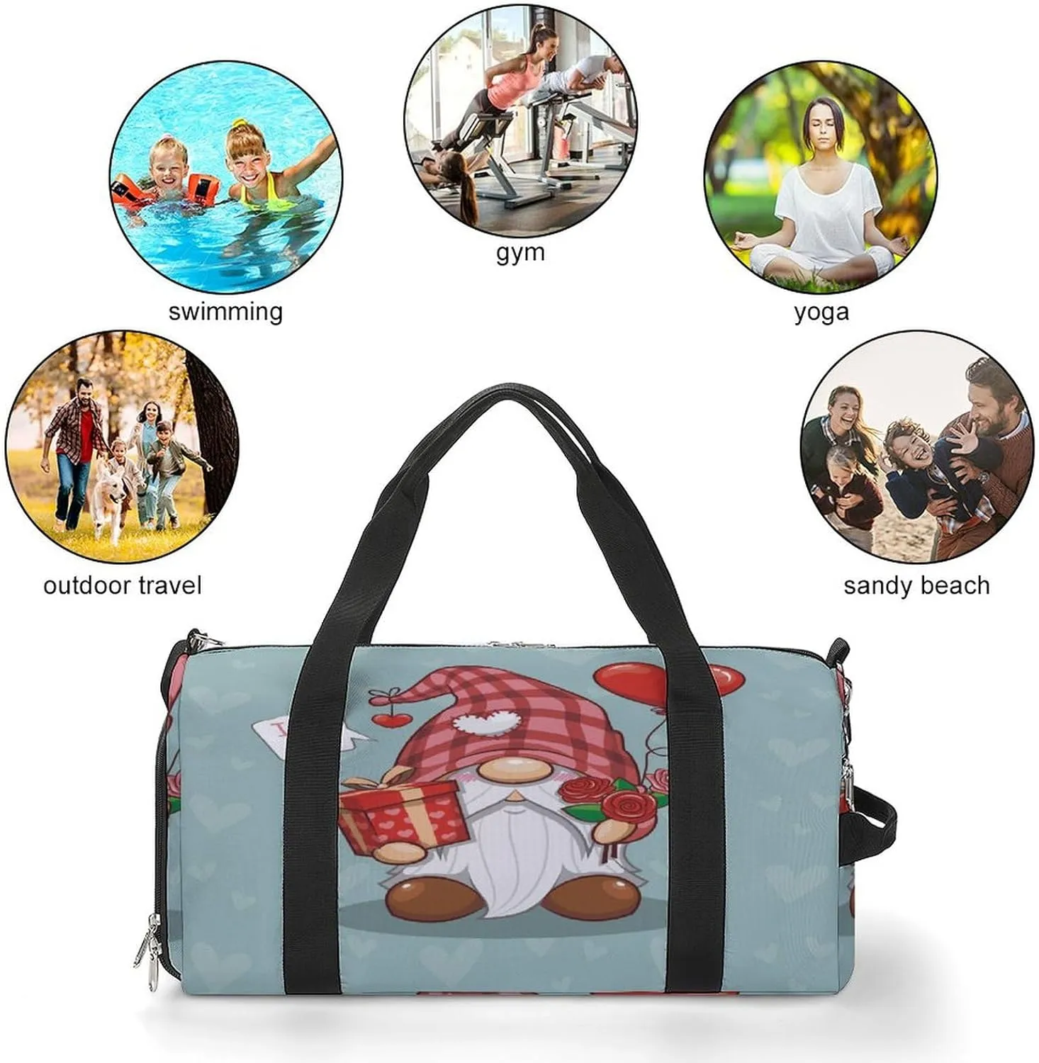 Waterproof Valentine Cute Gnome Travel Duffel Bag with Shoe Compartment Gym Weekender