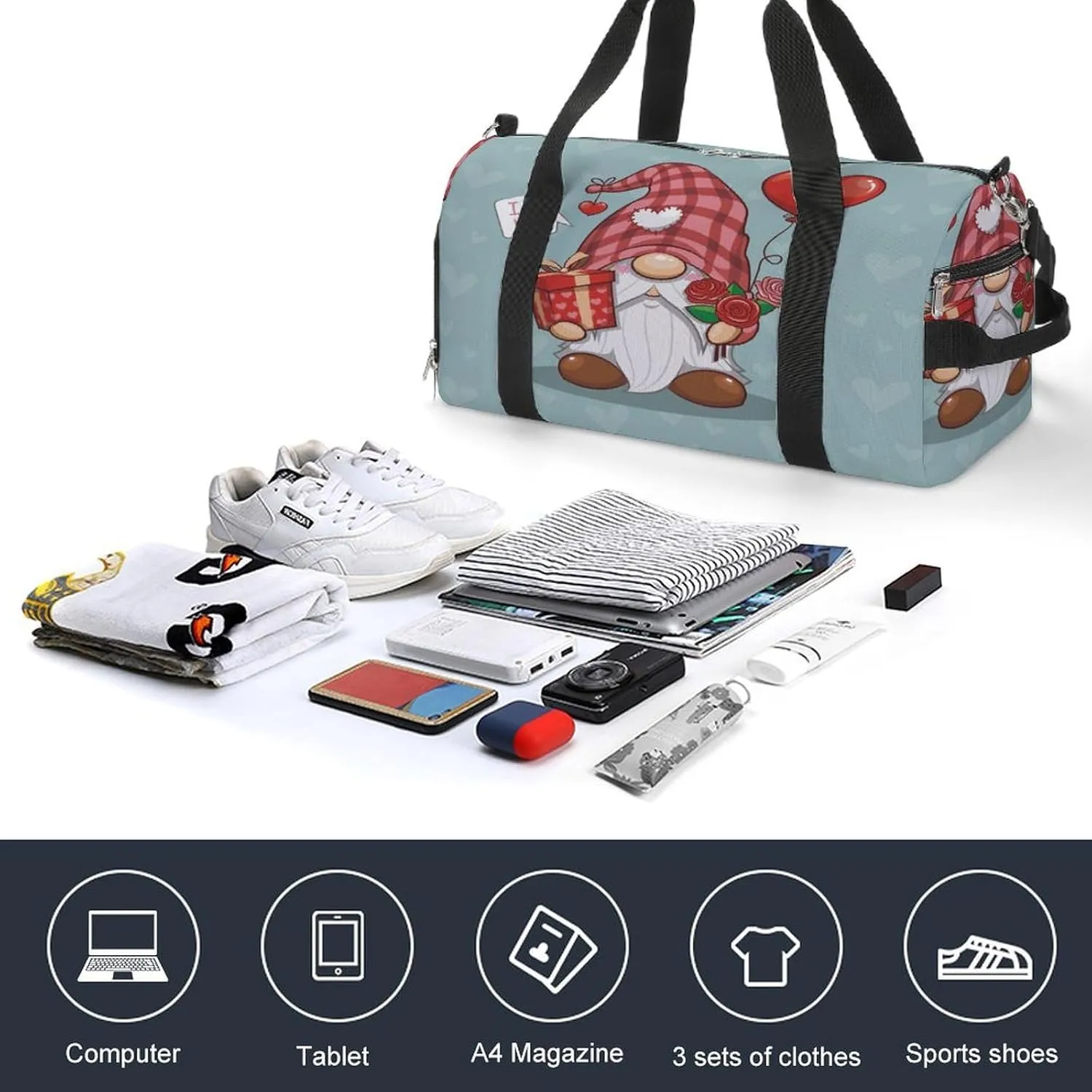 Waterproof Valentine Cute Gnome Travel Duffel Bag with Shoe Compartment Gym Weekender