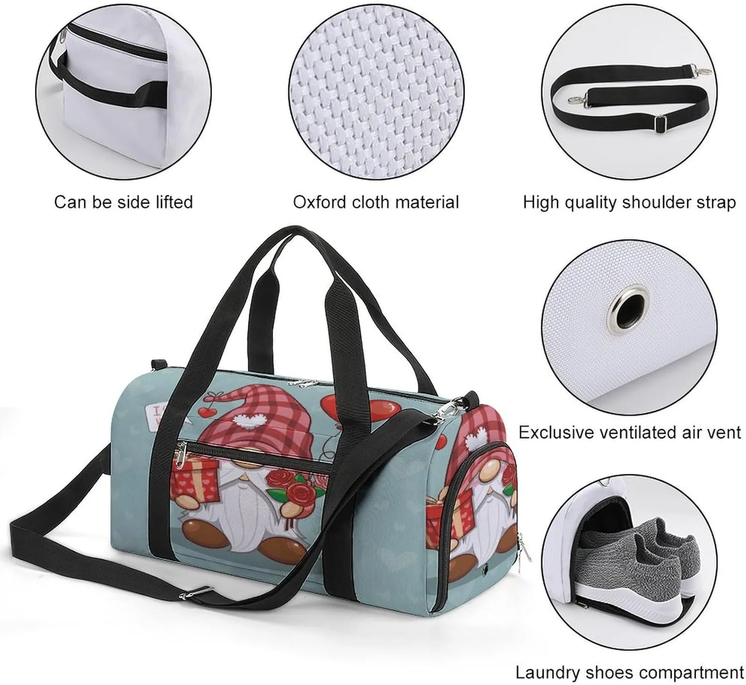 Waterproof Valentine Cute Gnome Travel Duffel Bag with Shoe Compartment Gym Weekender
