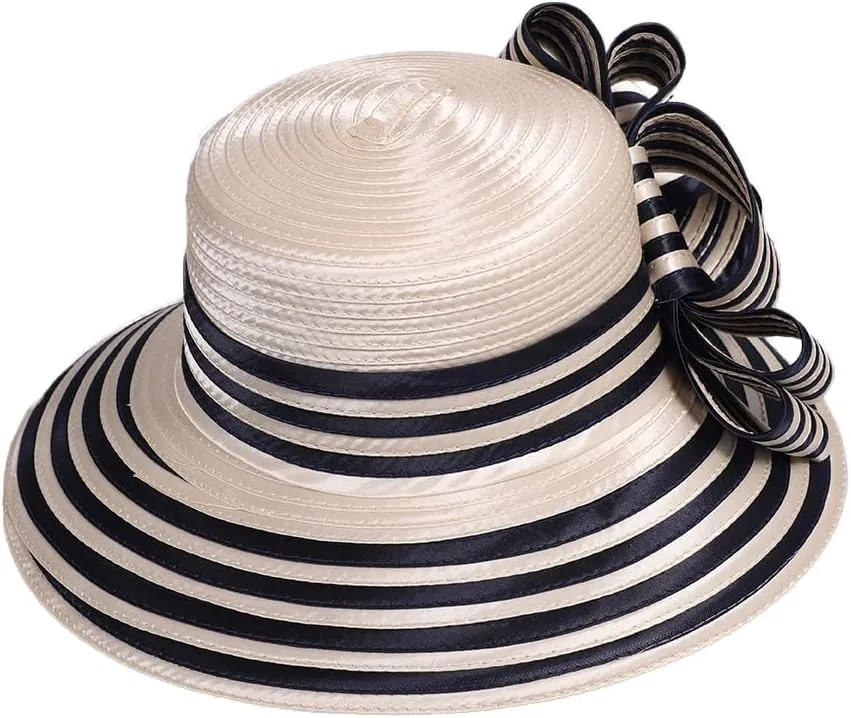Wedding Bridal Church Party Derby Hats for Women Striped Bowler Hat Wide Brim Fascinator Flat Top Fedora Hats