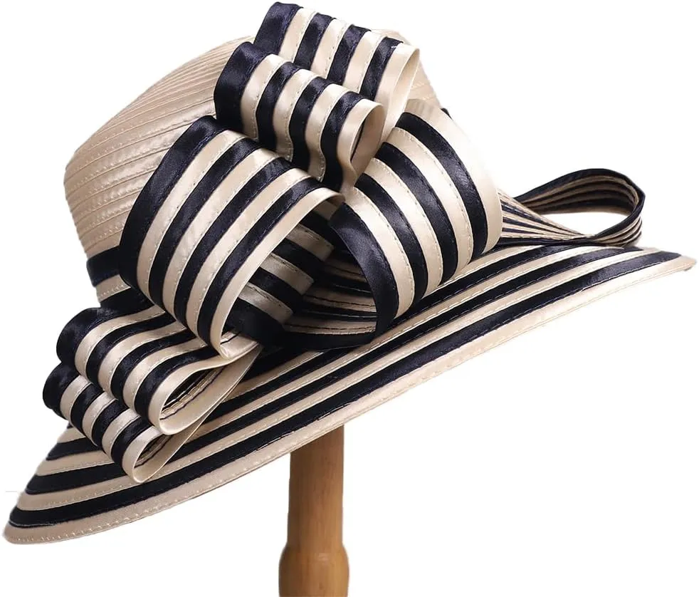 Wedding Bridal Church Party Derby Hats for Women Striped Bowler Hat Wide Brim Fascinator Flat Top Fedora Hats