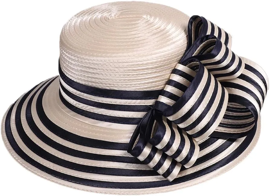 Wedding Bridal Church Party Derby Hats for Women Striped Bowler Hat Wide Brim Fascinator Flat Top Fedora Hats