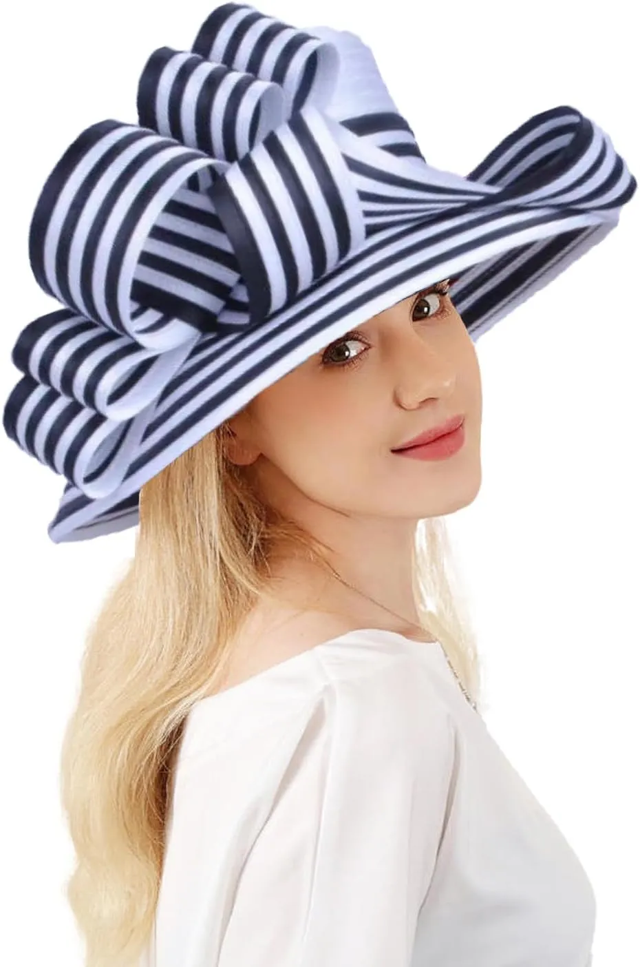 Wedding Bridal Church Party Derby Hats for Women Striped Bowler Hat Wide Brim Fascinator Flat Top Fedora Hats