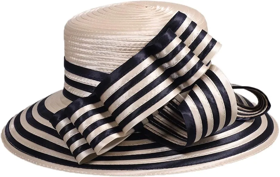 Wedding Bridal Church Party Derby Hats for Women Striped Bowler Hat Wide Brim Fascinator Flat Top Fedora Hats