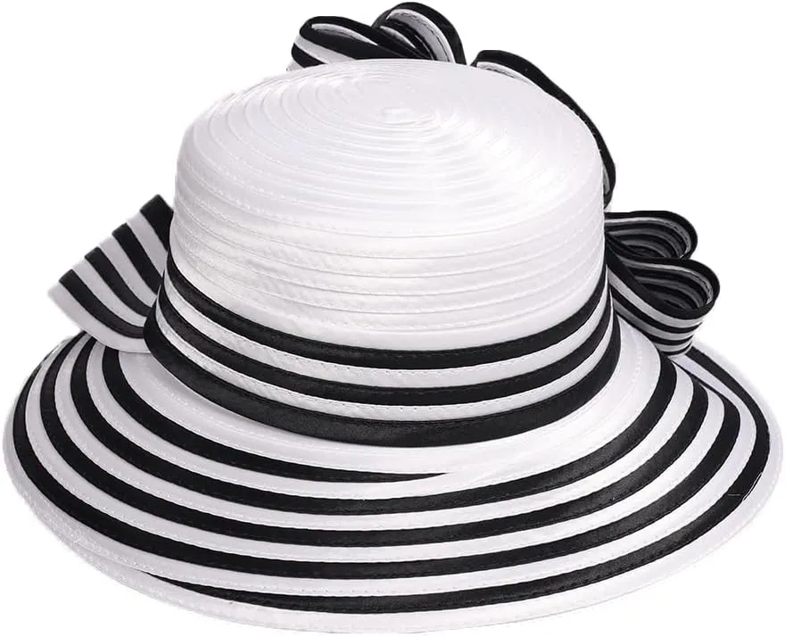 Wedding Bridal Church Party Derby Hats for Women Striped Bowler Hat Wide Brim Fascinator Flat Top Fedora Hats