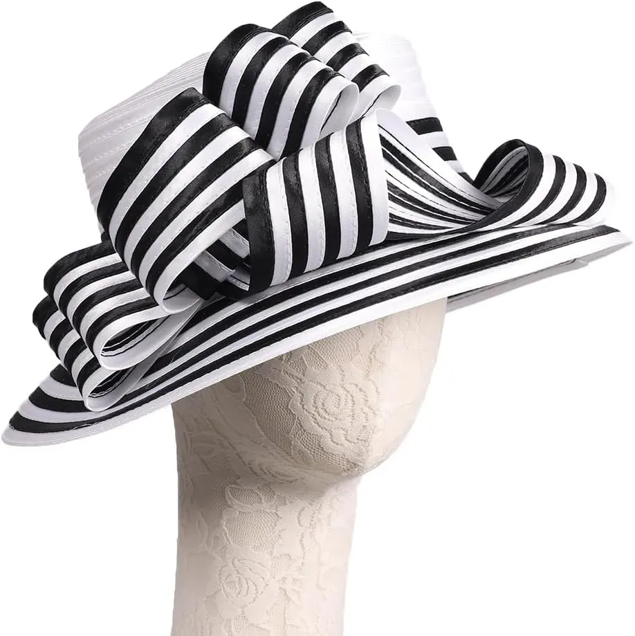 Wedding Bridal Church Party Derby Hats for Women Striped Bowler Hat Wide Brim Fascinator Flat Top Fedora Hats