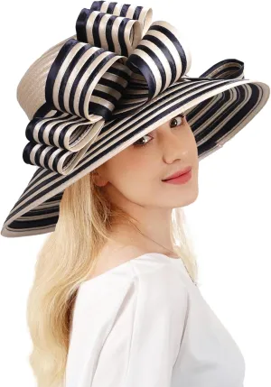 Wedding Bridal Church Party Derby Hats for Women Striped Bowler Hat Wide Brim Fascinator Flat Top Fedora Hats