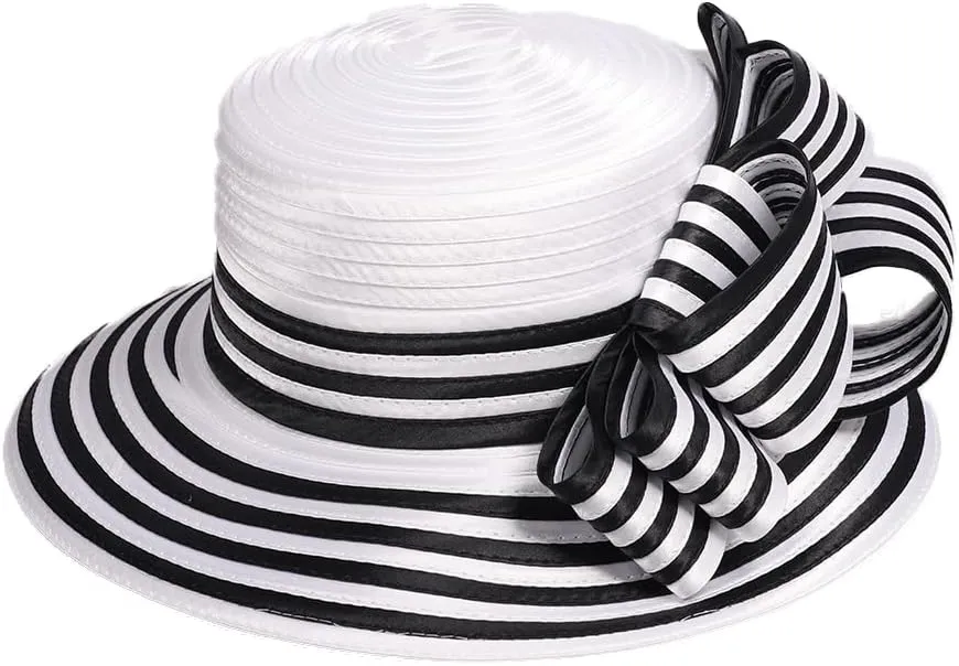 Wedding Bridal Church Party Derby Hats for Women Striped Bowler Hat Wide Brim Fascinator Flat Top Fedora Hats