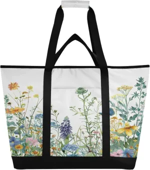 Wildflowers Reusable Insulated Cooler Bag with Ice Pack Compartment - Large 151L Waterproof Thermal Grocery Tote for Picnic Beach Camping Lunch Storage