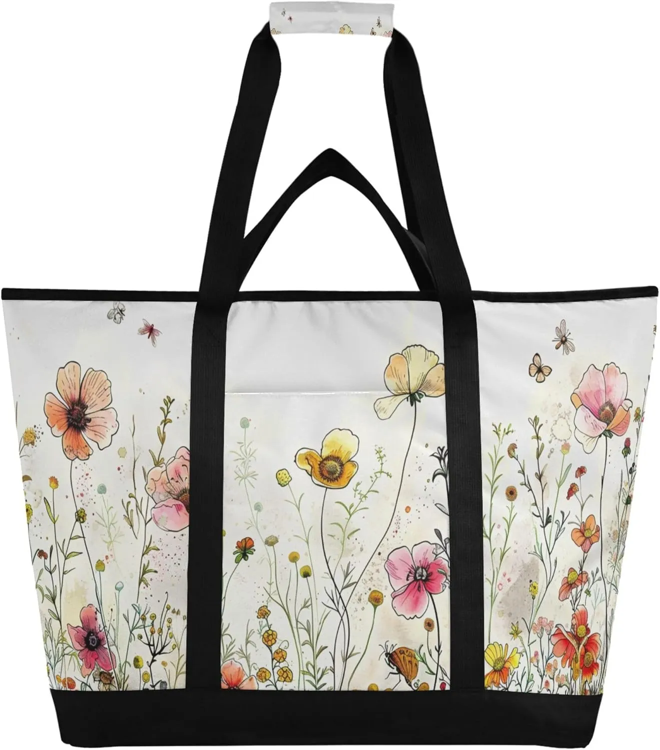 Wildflowers Reusable Insulated Cooler Bag with Ice Pack Compartment - Large 180L Waterproof Thermal Grocery Tote for Picnic Beach Camping Lunch Storage